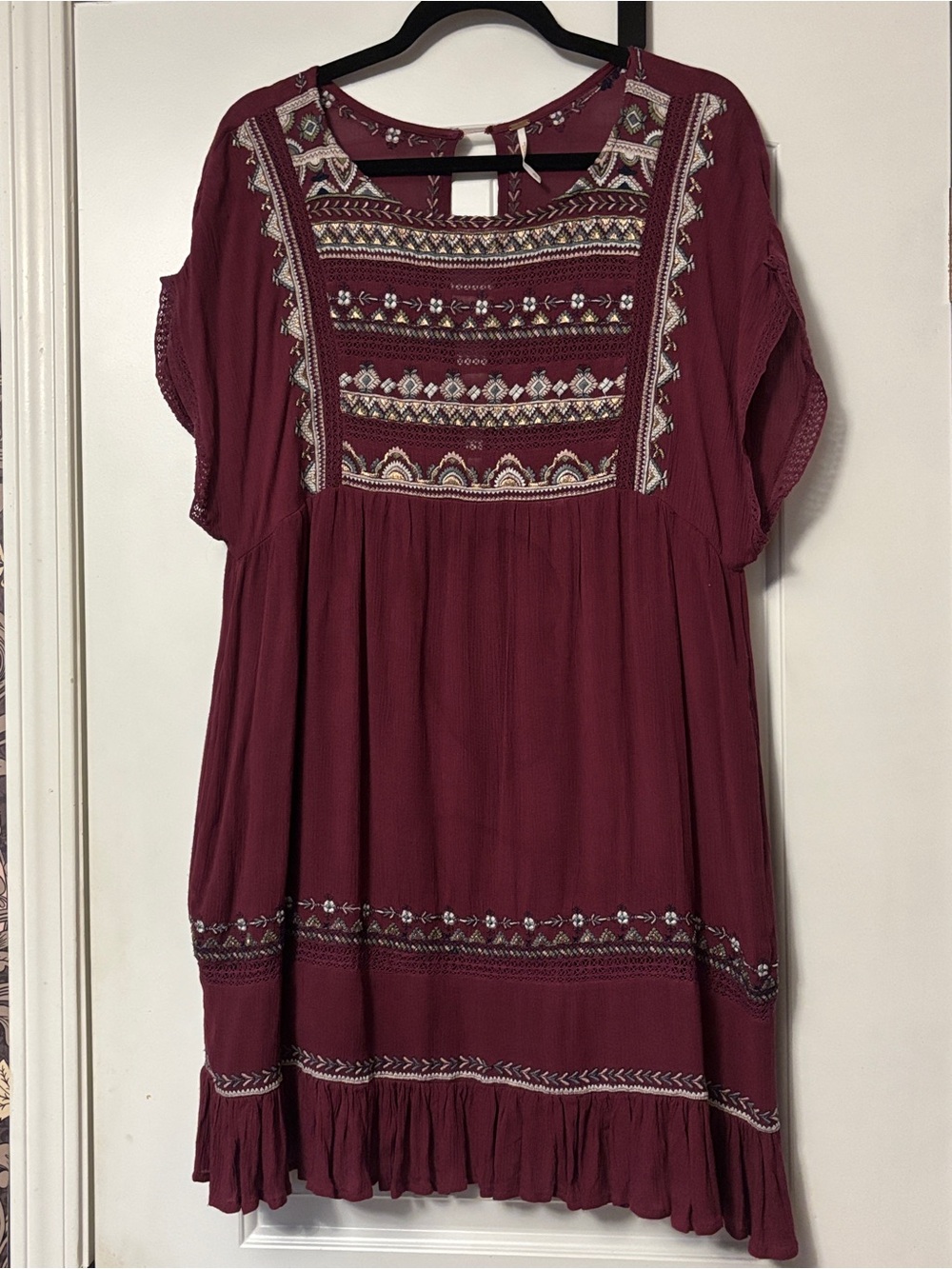 Free People Burgundy Embroidered Boho Western Mini Dress, Medium